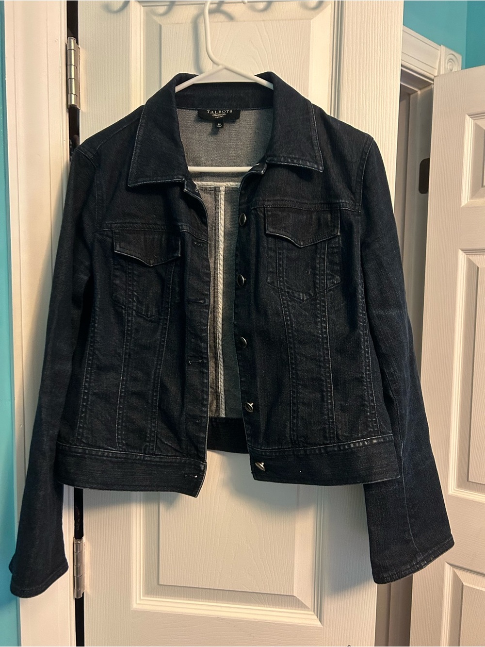 Talbots Black Denim Jean Jacket with Classic Flap Pockets